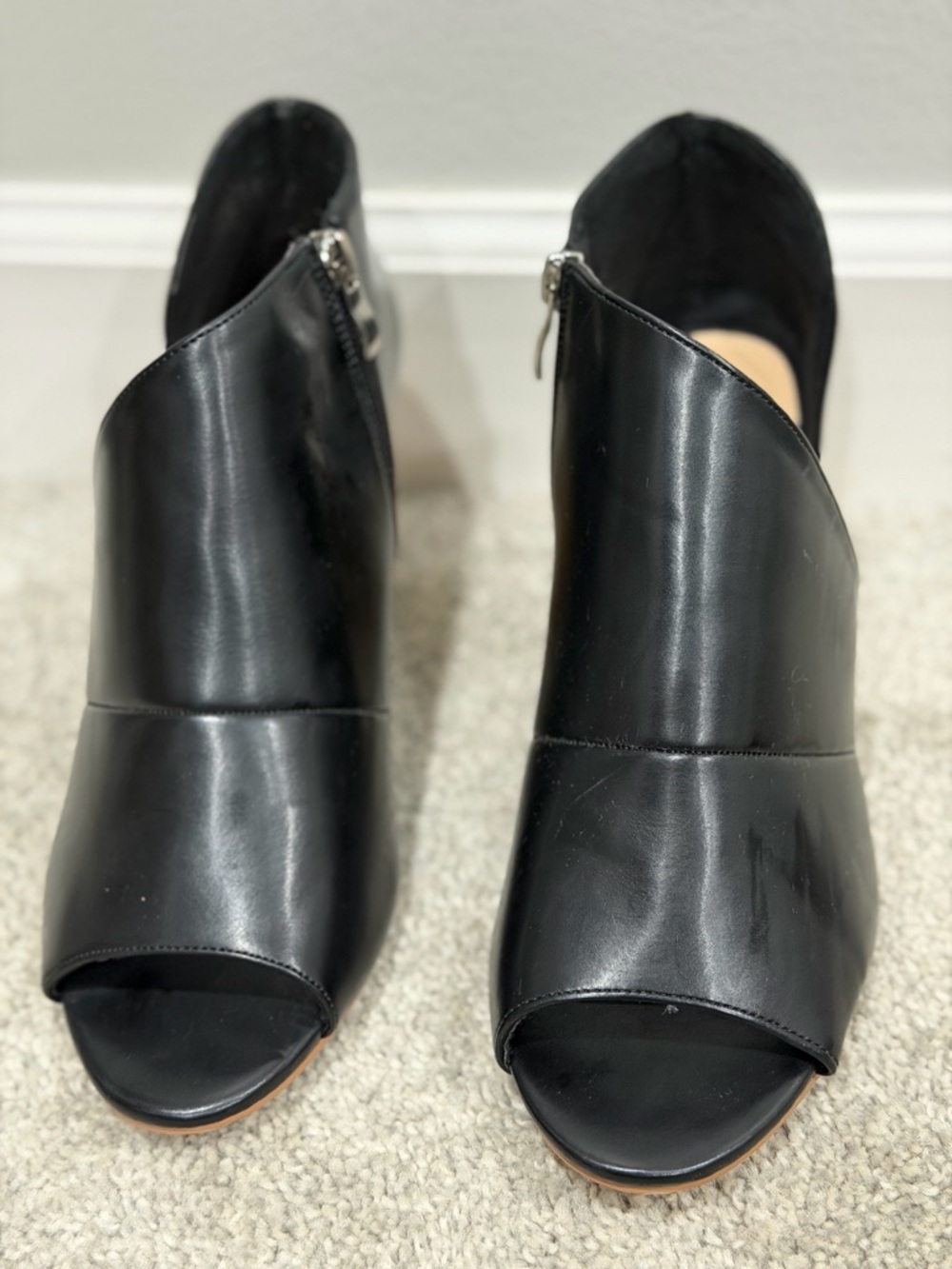 Women's Black Leather Peep-Toe Mule Clogs with Side Zipper